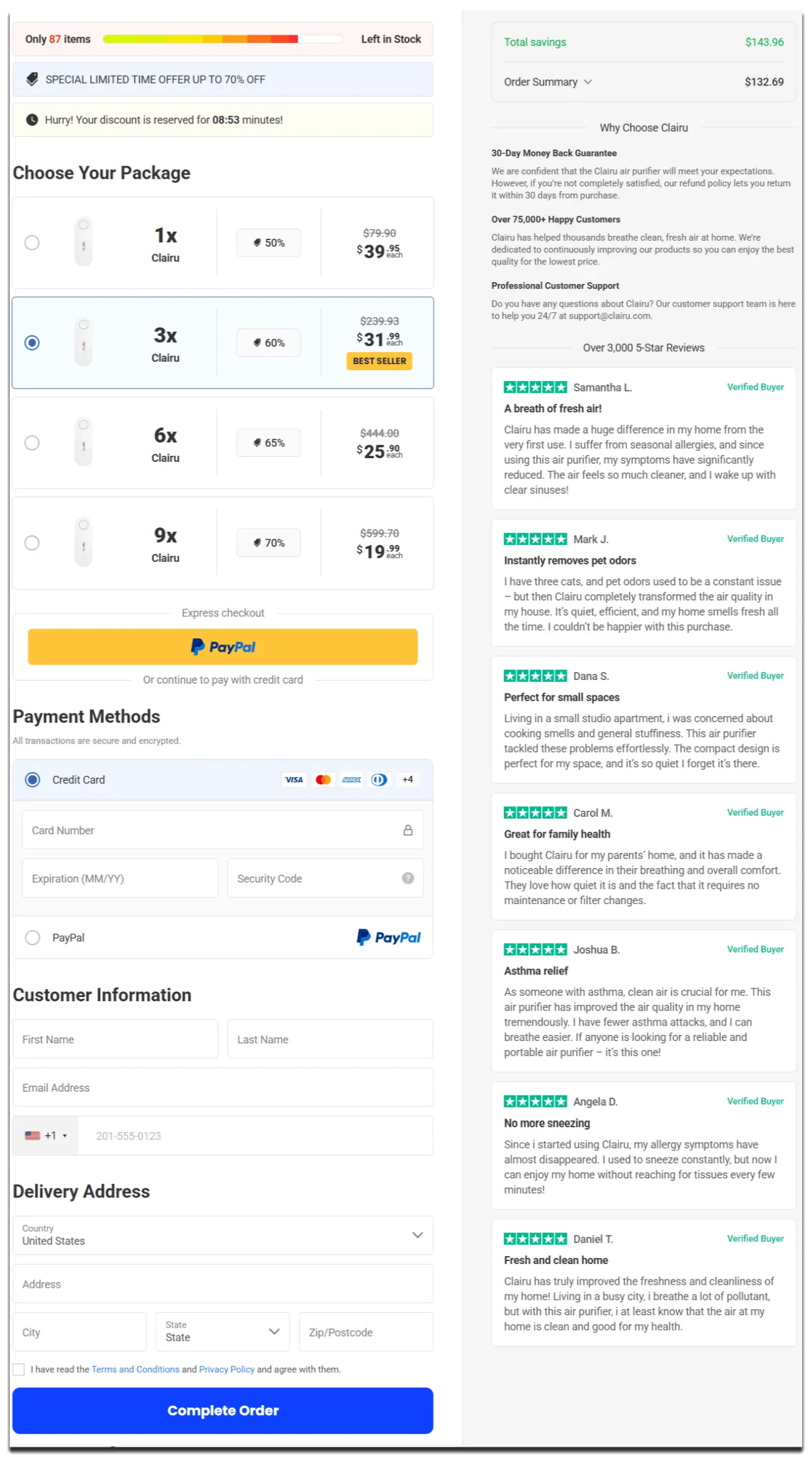 Clairu Air Purifier Secure Checkout Page